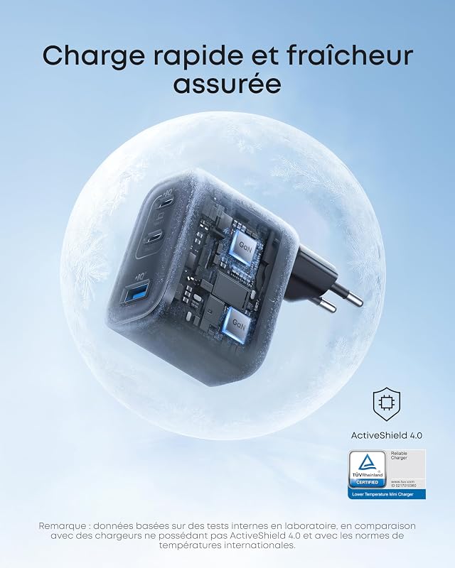 Nano Chargeur USB C 70W 3 Ports (Câble Inclus), Sortie Ultrafast