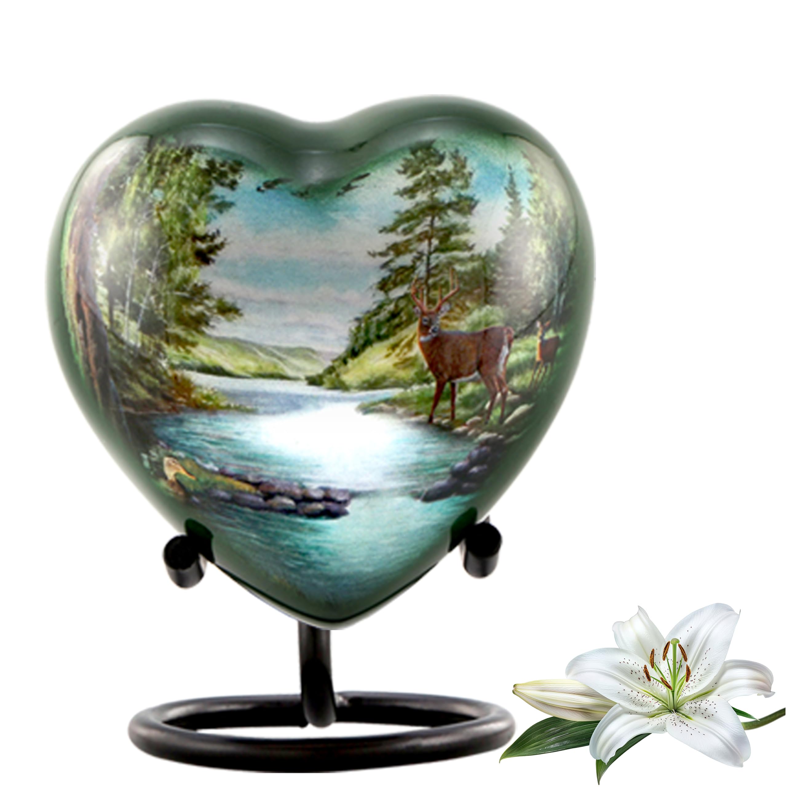 Deer Heart Keepsake Urn, Deer Token Urn for Ashes, Hunting Urn, Mini Buck Urn, Hand Painted Memorial Mini Heart Urn, Handmade Minature Forest Heart Urn with Stand Velvet Case & Bag (Heart Keepsake)