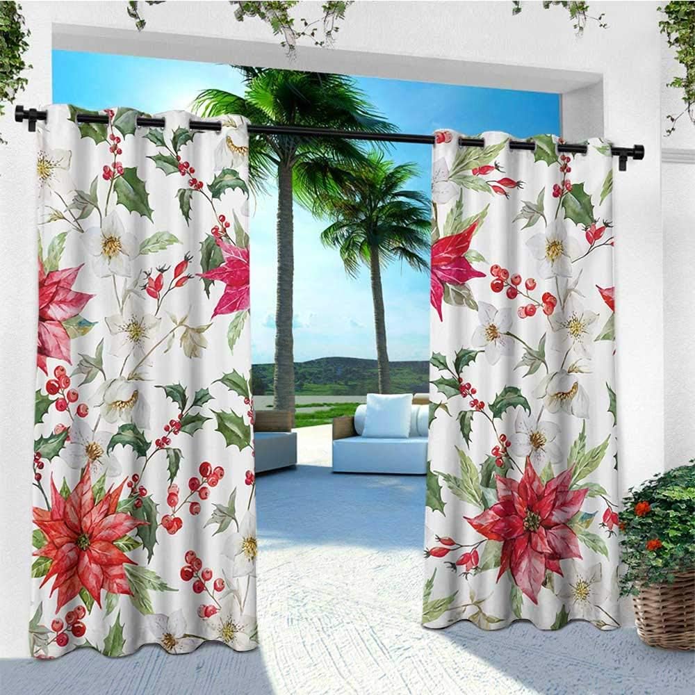 leinuoyi Floral, Sun Zero Outdoor Curtains, Christmas Flowers Pattern in Watercolors Buds Branches Natural Spring Artwork, Fashions Drape W96 x L96 Inch Pink Green White