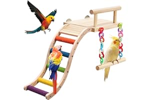 MLLNFUE Bird Ladder Bridge, Wooden Pet Parrot Hamster Climbing Ladder Toy, Chew Toy Set for Birdcage, Wooden Perch Ladder for Parrots, Hamsters (S-Shaped Ladder + Cloud Platform)