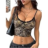 BEAUDRM Women's Camo Print Lace Cami Tops Y2k Bow Sleeveless Fitted Crop Top