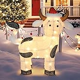 Christmas Cow Outdoor Holiday Decoration, 30" Pre-Lit Cow with Red Santa Hat, Built-in LED Lights