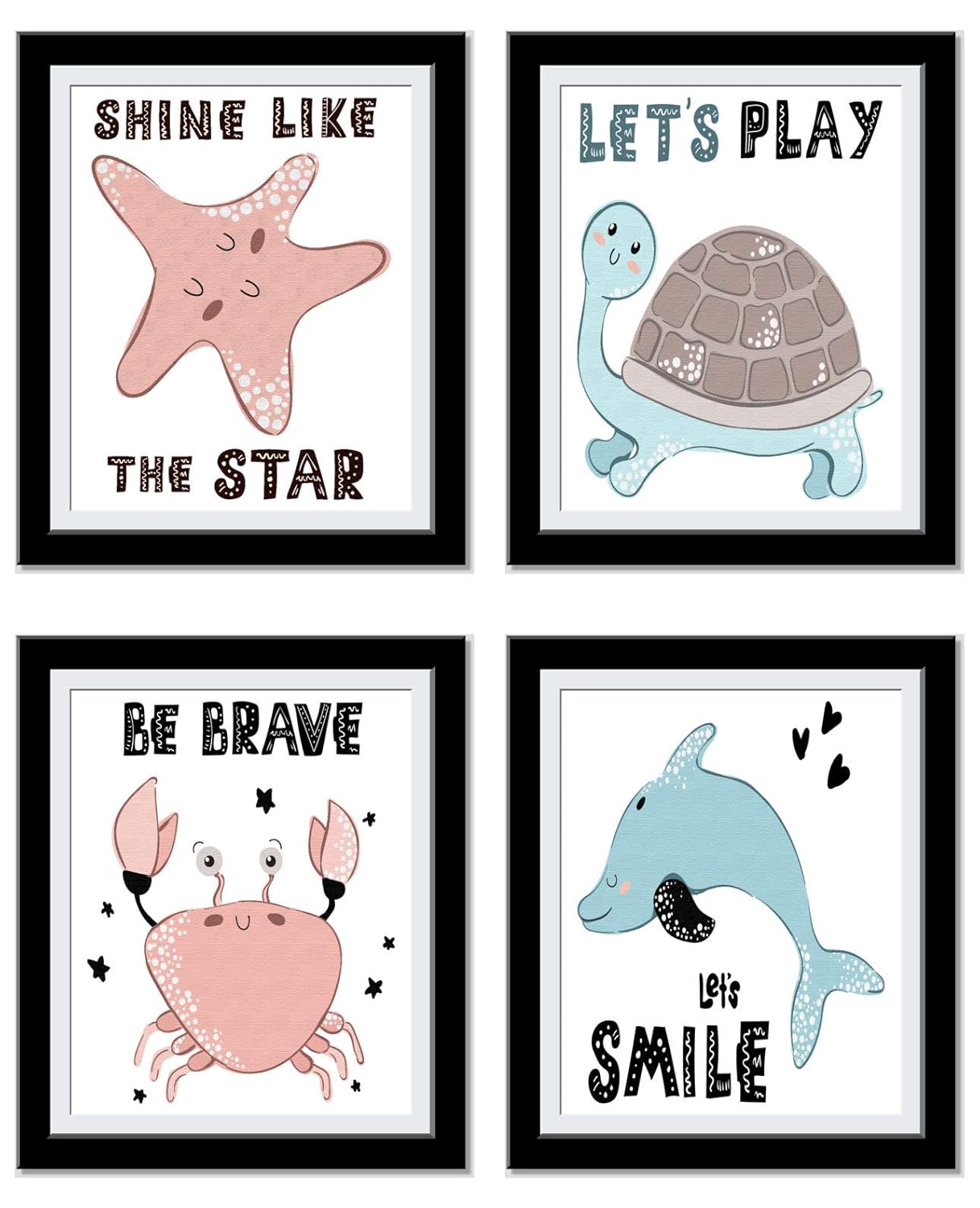 Ocean Decor Kids Motivational Wall Art - Turtle Decor Nursery Prints - Shine, Be Brave, Play, Smile - Star Fish, Turtle, Crab, Dolphin - Set of 4 8x10 UnFramed prints…