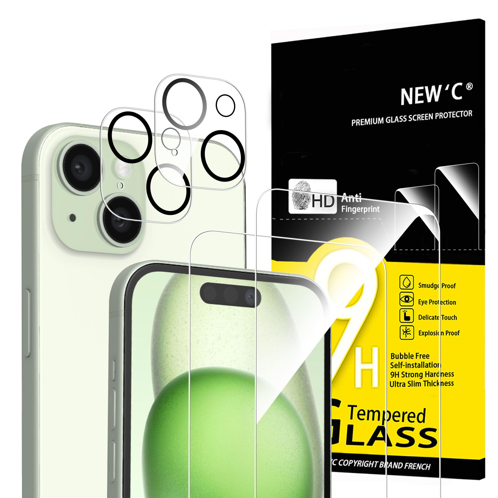 NEW'C 4 Pack, 2 Pack for iPhone 15 Screen Protector (6.1 inch) + 2 Pack Camera Lens Protector, Sensor Protection,Case Friendly Tempered Glass Film