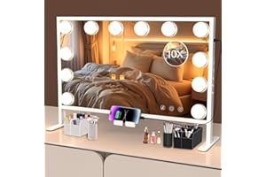 BESTOPE PRO Vanity Mirror with Lights, 23.6'' x 22.4'' Height Adjustable Makeup Hollywood Mirror with 3 Color Modes, 10X Magnification and 2 Storage Boxes, USB Charging Port, Phone Holder, Women Gifts