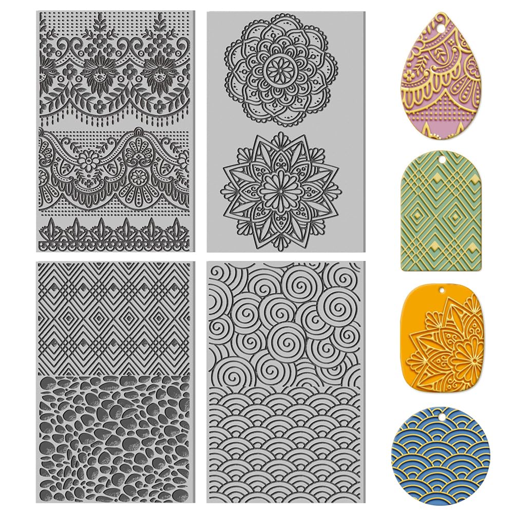 CHGCRAFT 4PCS Polymer Clay Texture Sheets Vintage Texture Stamp Sheets for Polymer Clay Mat for Making Earrings Jewerly, Earrings Tools, 4x2.6inch
