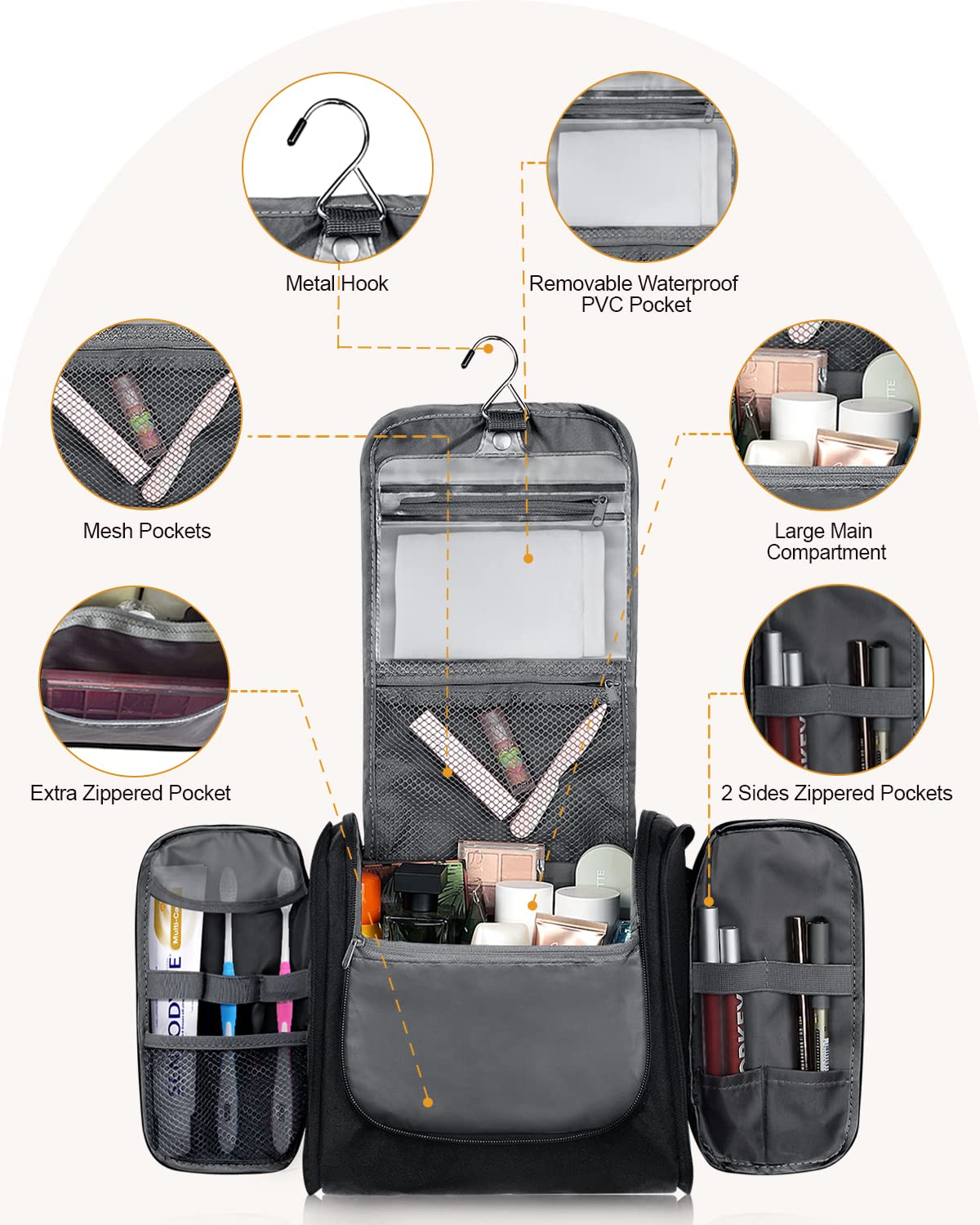 Toiletry Bag for Women and Men, Water-Resistant Travel Makeup Bag with Hanging Hook, Compact Travel Toiletry Organizer Bag, Makeup Organizer Bag for Cosmetics