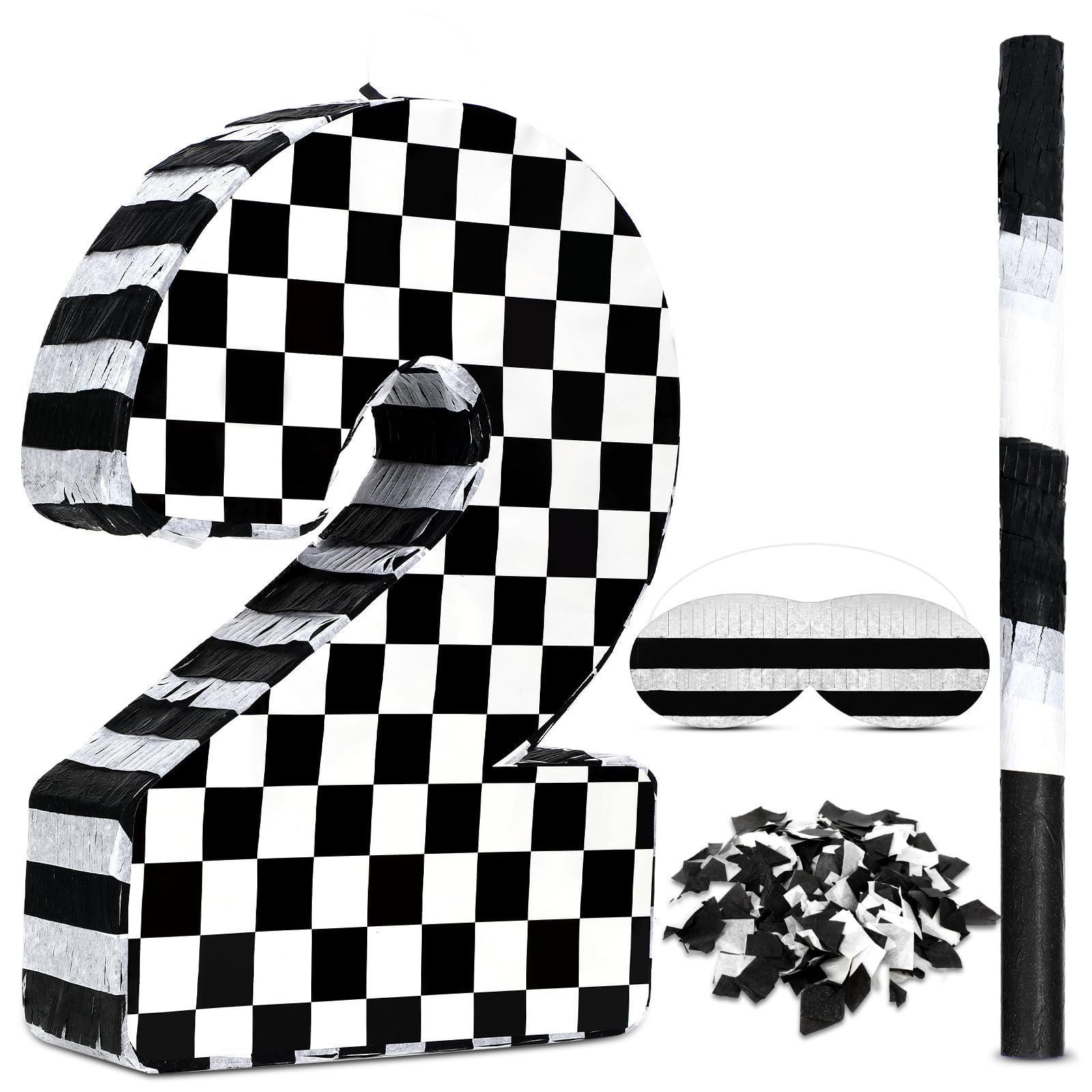 Photo 1 of Lewtemi Race Car Number Piñata Small Checkered Race Car Birthday Party Decoration Black and White Racing Piñata with Stick Confetti Eye Mask for Celebration 15.3 x 10.6 x 2.8 Inch(Number 2)