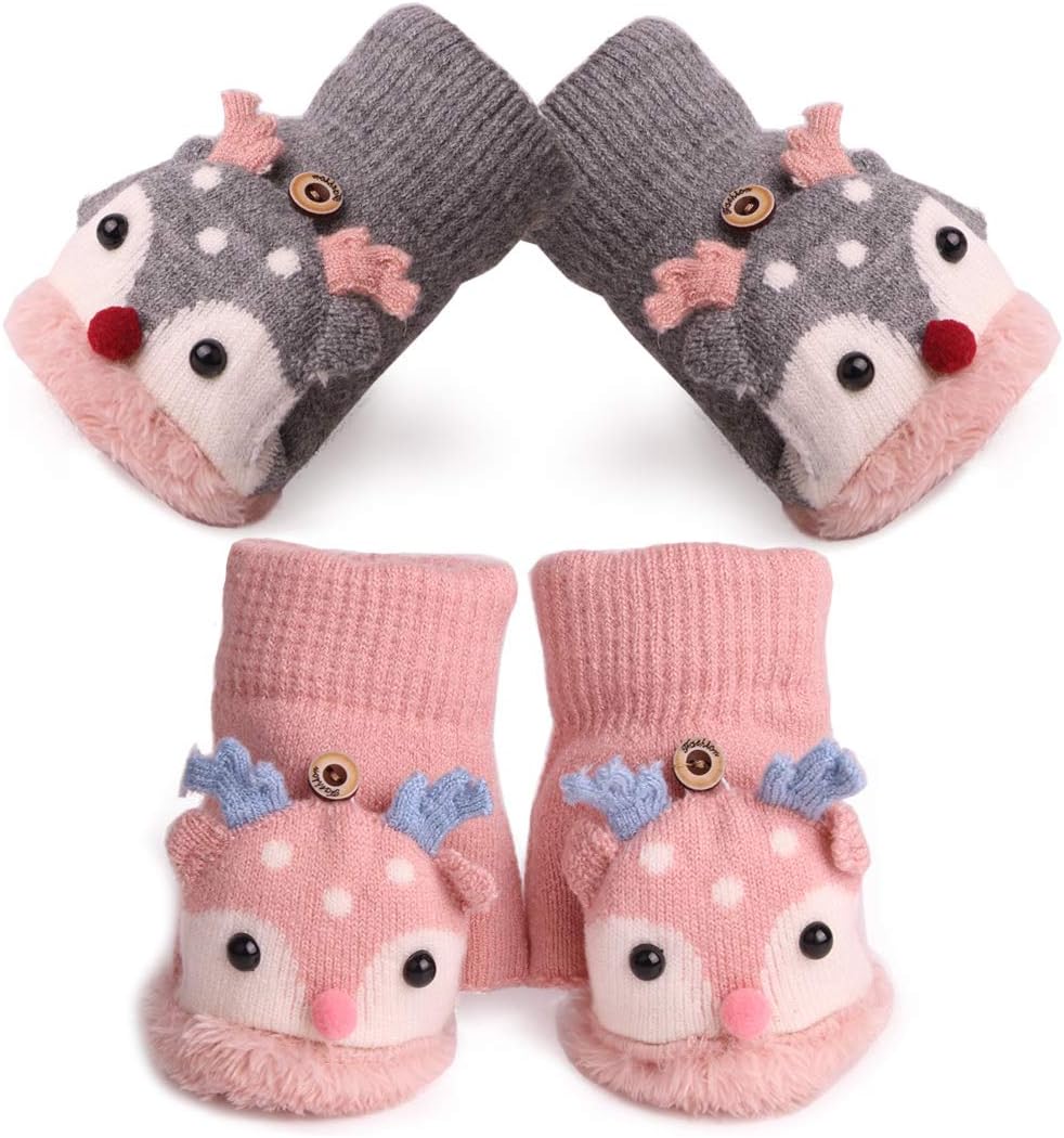 2 Pairs Toddler Girls Winter Thermal Gloves with Flip Top - Convertible Knitted Magic Half Finger Gloves for Cold Weather, Stretchable Mittens for 3-6 Years Girls Christmas Gift
