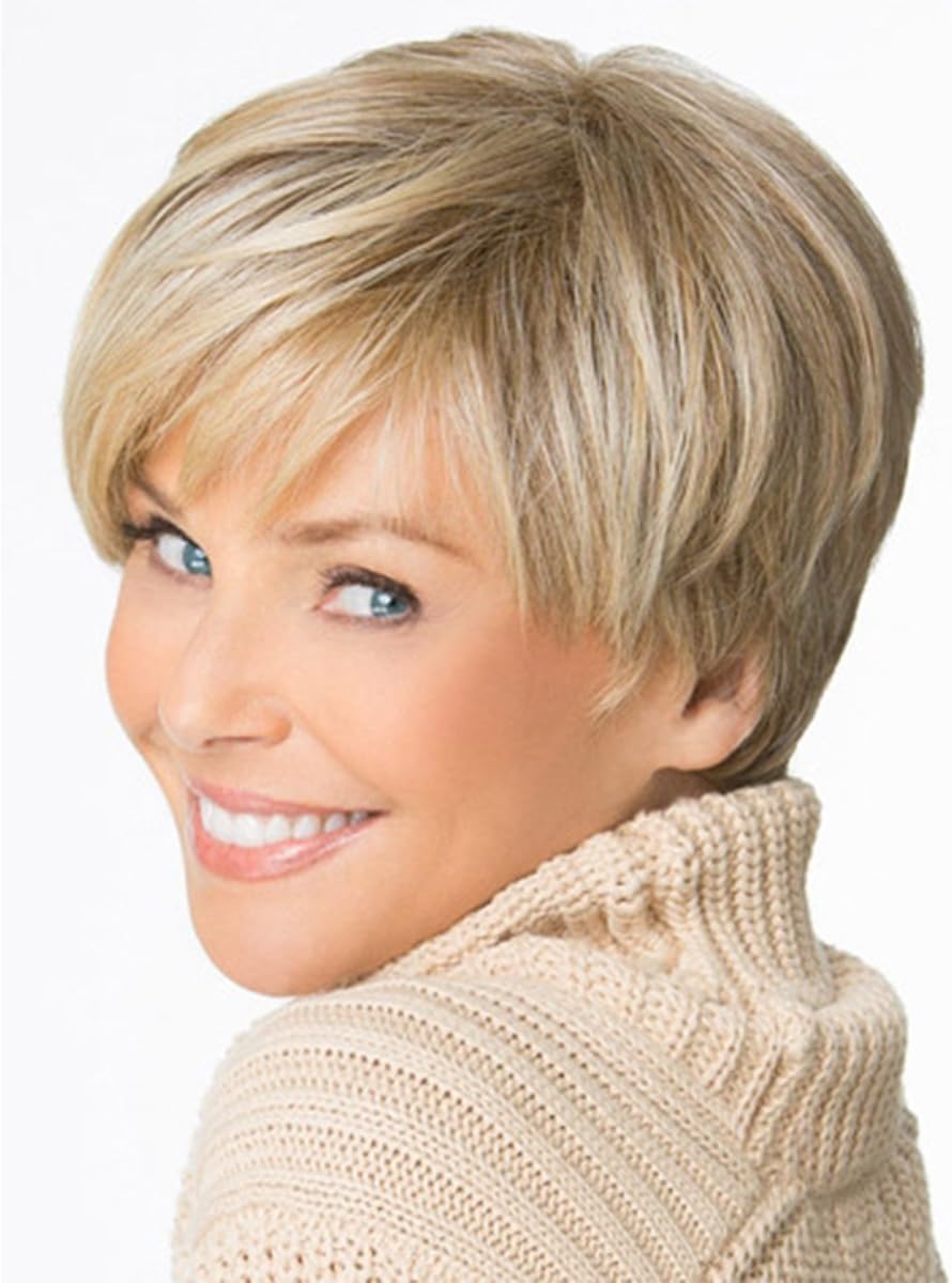 DEYSSNE Short Pixie Cut Straight Mix Color Blonde Wig With Bang Synthetic Wigs For Women