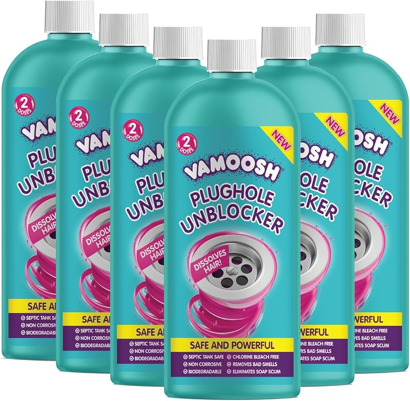 Vamoosh Plughole Unblocker 12 Doses 6x600ml Septic Safe Bleach-Free