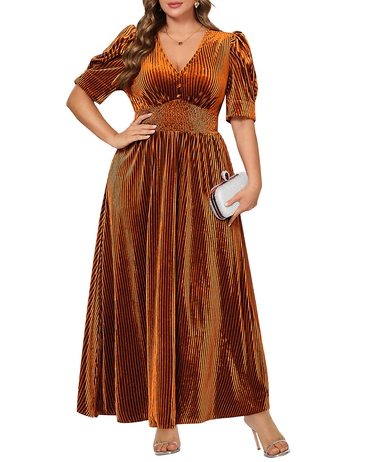 Pinup Fashion Plus Size Fall Dress Wedding Guest Women Brown Velvet