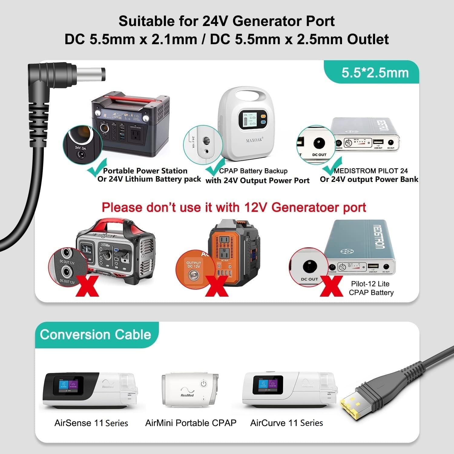 HKY 24V DC Cable for All Resmed AirSense/AirCurve 11 CPAP Machine & ResMed AirMini Auto CPAP Machines 6Ft DC Power Cord with 5.5x2.5mm/2.1mm Power Jack Fit 24V Battery Backup/Power Station/Power Bank