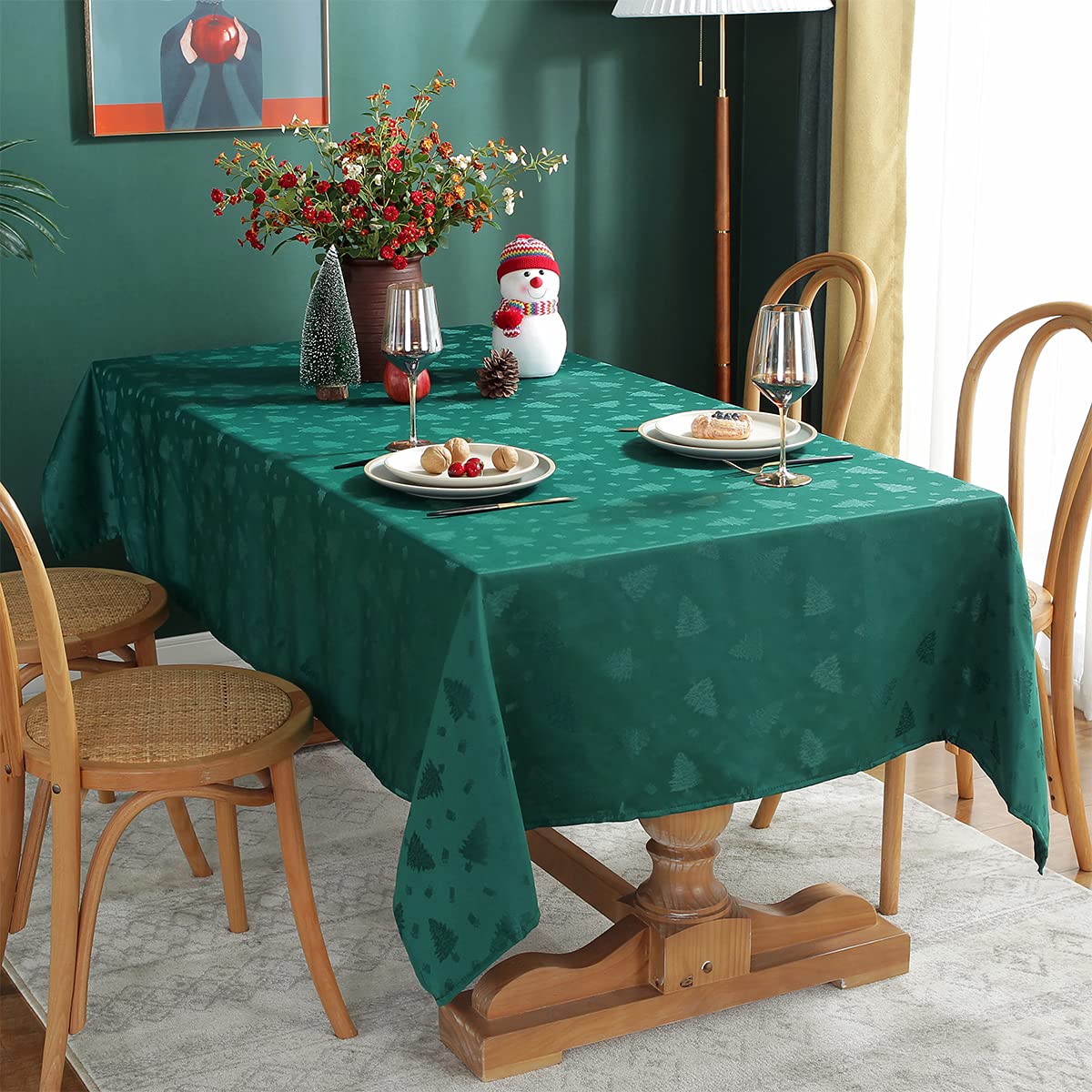 Christmas Tablecloth Rectangle, Jacquard Table Cloth Wrinkle Free & Wrinkle Resistant Tablecloths with Christmas Tree Patterns for Holiday Decoration (Green, Oblong, 152 x 305 cm (10-12 Seats))