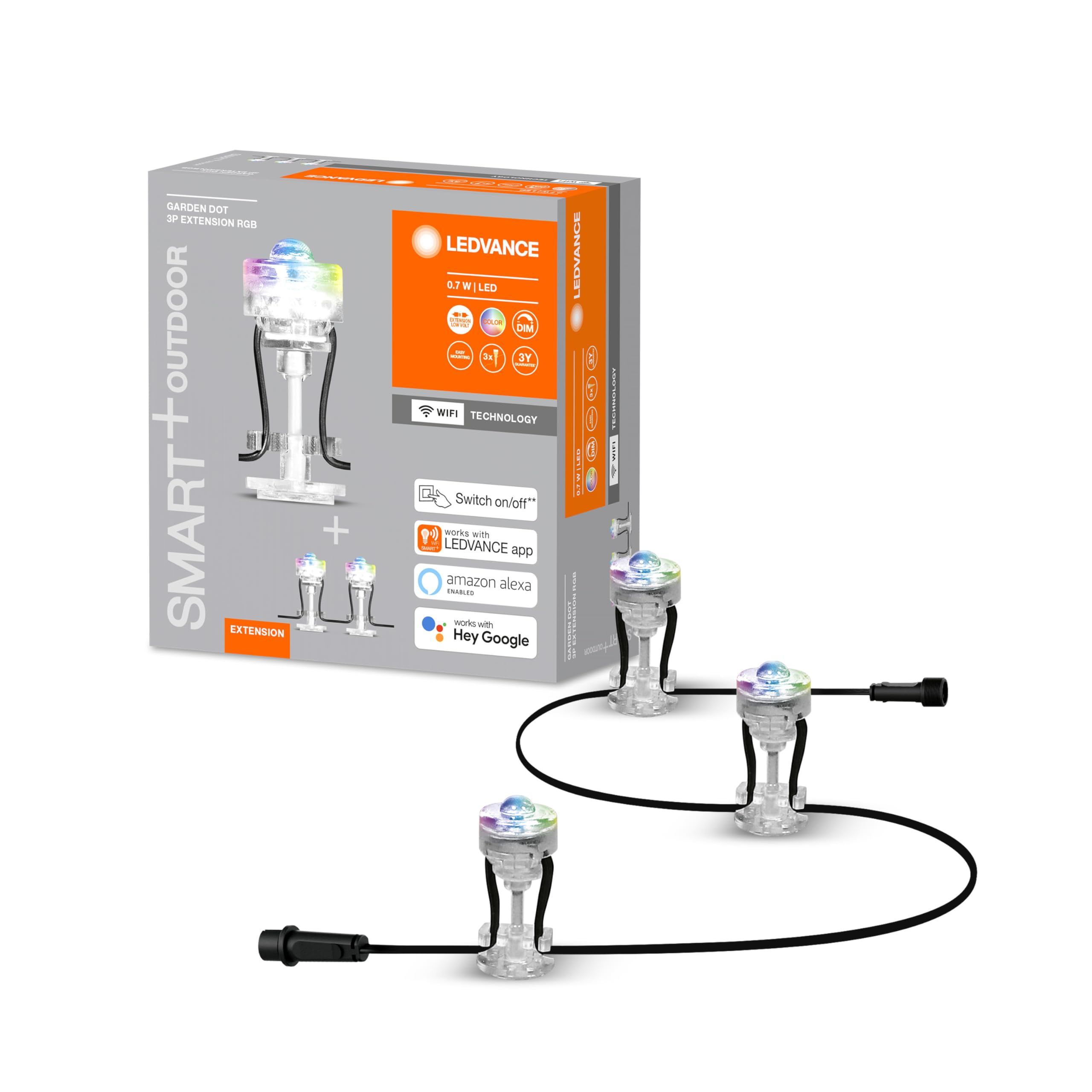 LEDVANCE Smart LED Garden Luminaire with WiFi Technology, Extension Kit with 3 LED Garden Dots for Outside, RGB Colors Changeable, Works with Alexa and Google Voice, Smart+ WiFi Garden DOT 3P EXT