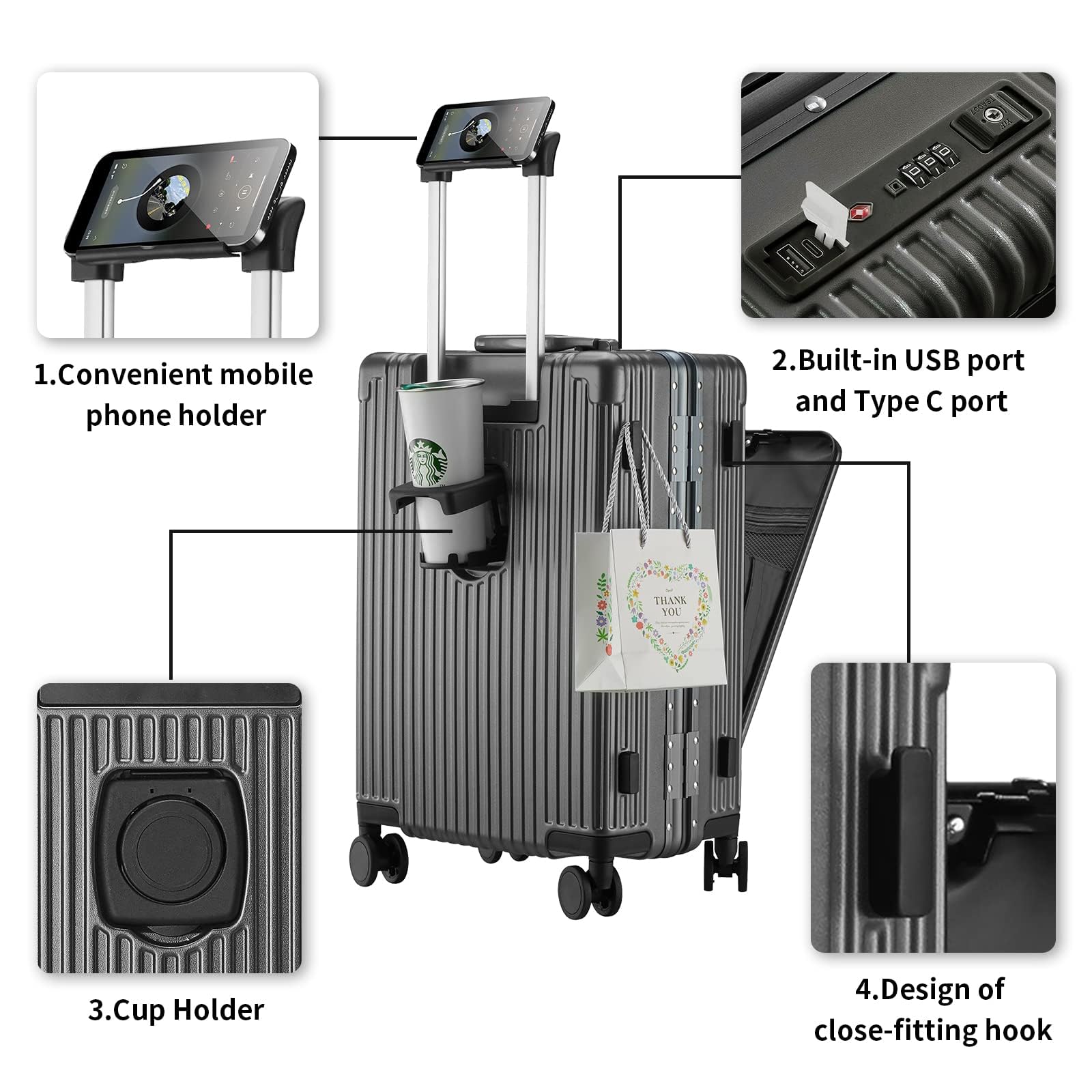 Airline Approved Carry on Luggage with Spinner Wheels,20 inch Aluminum Framed Suitcase,Built-In TSA lock,with USB Port & Cup Holder & Phone Holder Hard Case Luggage Travel Suitcase (Gray)