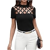 WDIRARA Women's Pearl Beaded Hollow Out T Shirt Short Sleeve Mock Neck Tee Top
