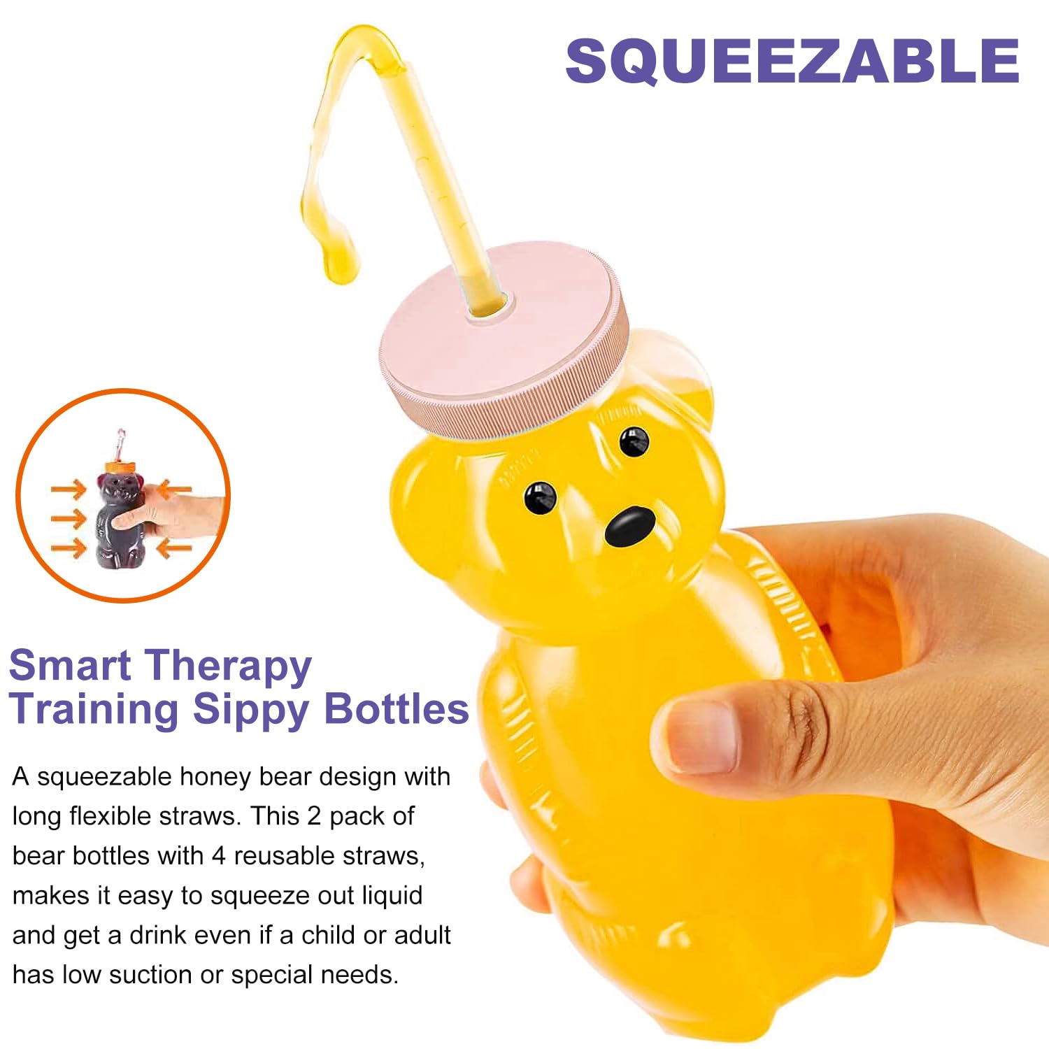 Honey Bear Straw Cups, Juice Bear Bottle Drinking Cup Long Straws with 4 Flexible Straws & Cleaning Tools, 8-Ounce Therapy Sippy Bottles for Speech and Feeding Training, Food-Grade & BPA Free 2 Pack