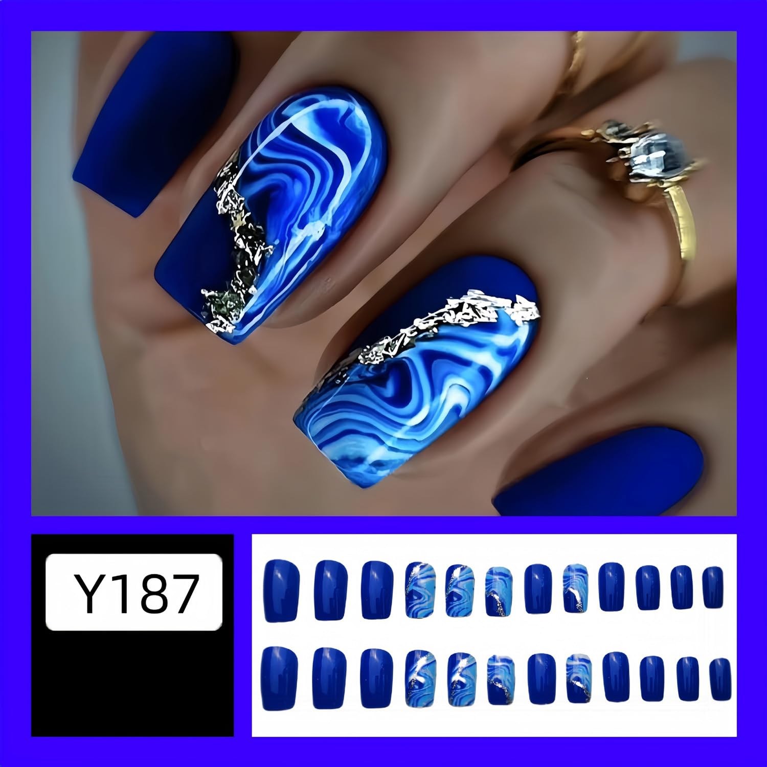 Press on Nails Square Medium Length Glossy Full Cover Acrylic Blue False Nails with Marble Designs Artificial Short Coffin Fake Nails Glue ons Nails Stick on Fingernails for Women Girls - Image 2