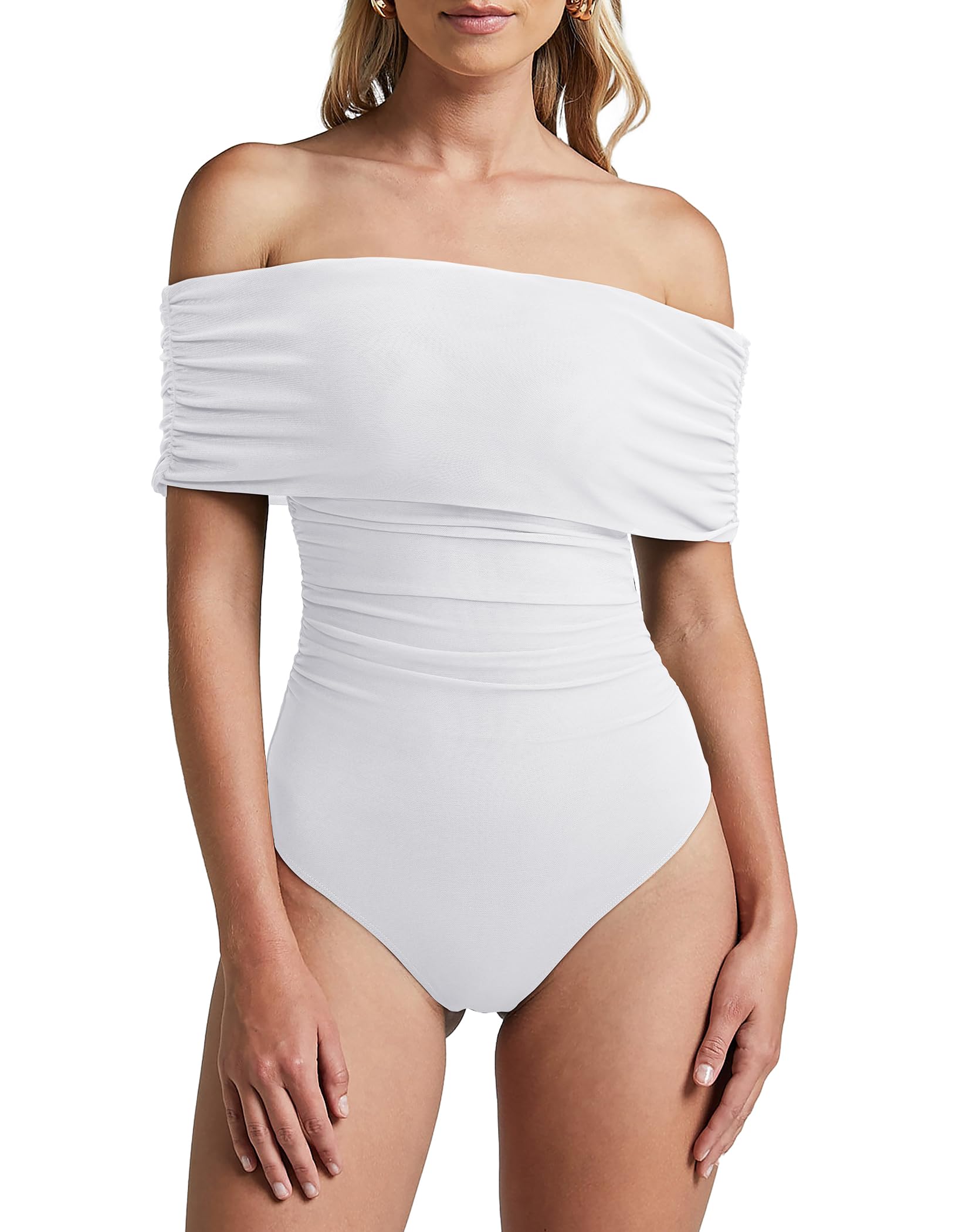 View 1 of **DIRTY** REORIA Women’s Bodysuit Sexy Off Shoulder Mesh Leotard Thong Body Suits Outfits for Going Out Tops White L