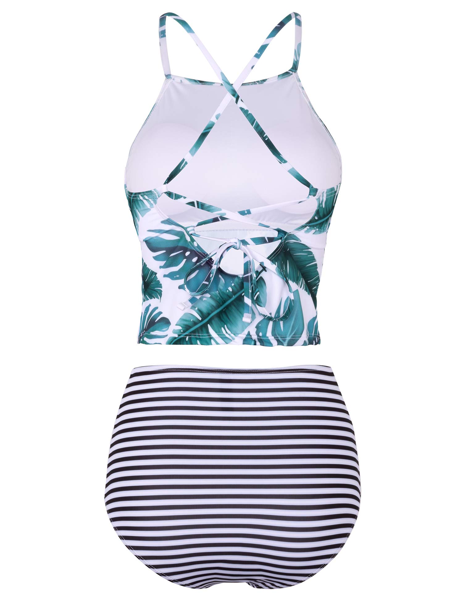 Verano Playa Women Lace Up Tankini Swimsuit Criss Cross Back High Neck Two Piece Bathing Suit Padded High Waist Swimwear
