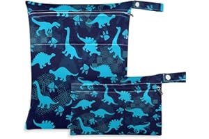 visesunny Blue Dinosaur Footprint 2Pcs Wet Bag with Zippered Pockets Washable Reusable Roomy for Travel,Beach,Pool,Daycare,Stroller,Diapers,Dirty Gym Clothes, Wet Swimsuits, Toiletries