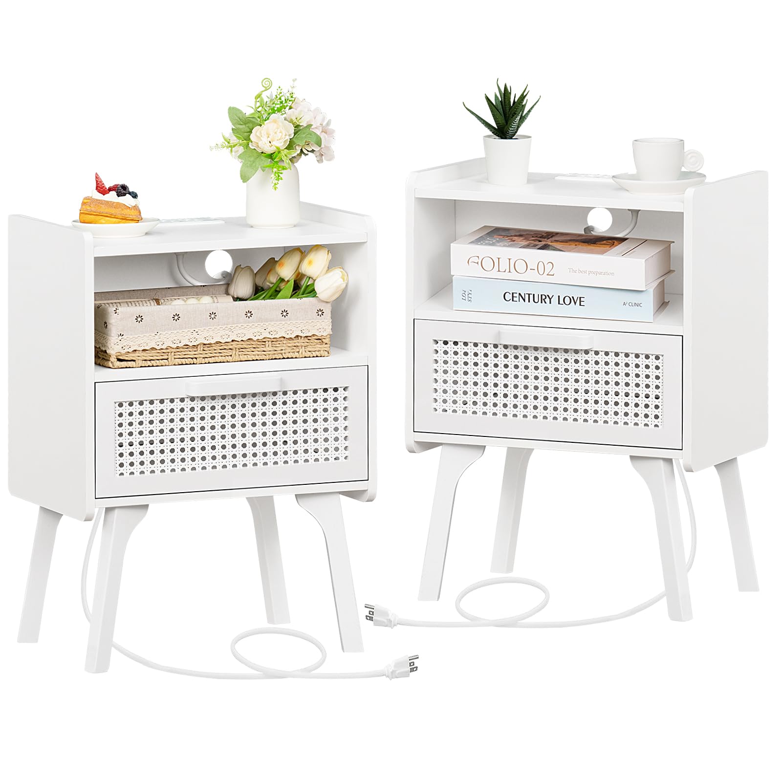 Lerliuo Rattan Nightstands set of 2 with Charging