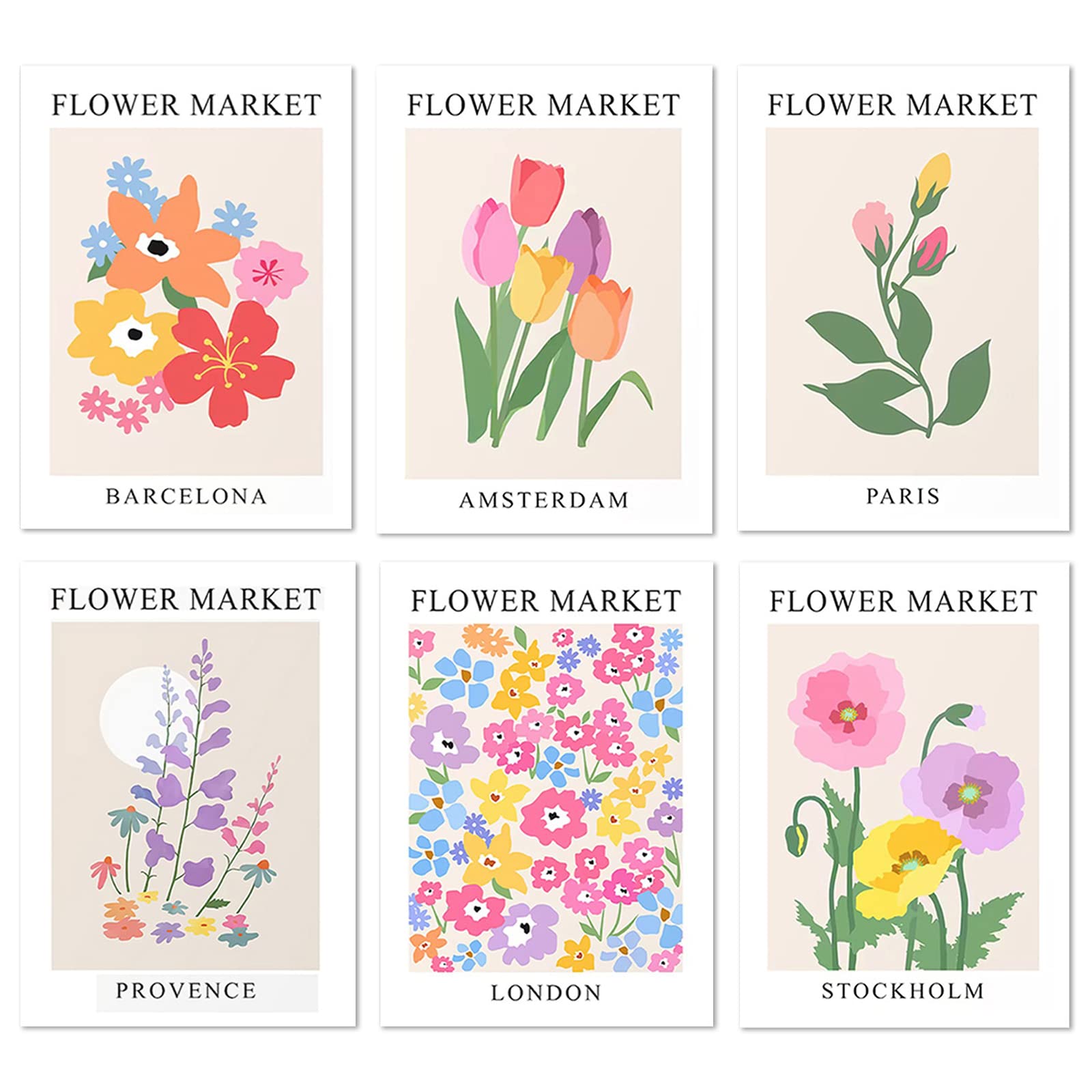 MOROBOR Flower Market Wall Poster, Set of 6 Colorful Matisse Flower Wall Art Exhibition Poster Aesthetic Abstract Floral Wall Art(Unframed, 8x10in)