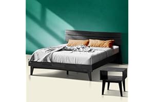A ACACIA FURNITURE Acacia Aurora Queen Solid Wood Bed Frame with Headboard – Gift Matching Nightstand Included, Mid-Century Modern Farmhouse, Black Ristretto, 800 lbs Capacity, Sturdy, No Box Spring, Easy Assembly