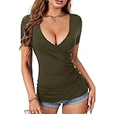LYANER Women's Deep V Neck Wrap Short Sleeve Ruched Button Slim Fit Blouse Top