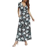 CATHY Women Short Sleeve Deep V-Neck Casual Long Dress Sexy Pleated Waist Maxi Dresses with Pockets