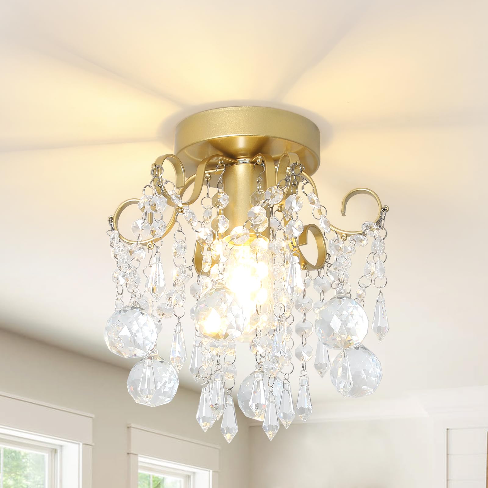Rayofly Ceiling Lights Living Room, Modern Crystal Chandeliers Ceiling Light, Gold Flush Ceiling Light with Glass Beads, K9 Crystal Ceiling Lights for Bedroom, Dining Room, Hallway Lights Ceiling