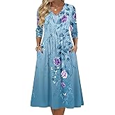 Zeagoo 3/4 Sleeve Women's Dress Casual Midi Tshirt Dresses with Pockets Empire Waist Summer Semi-Formal Boho Beach Sundress