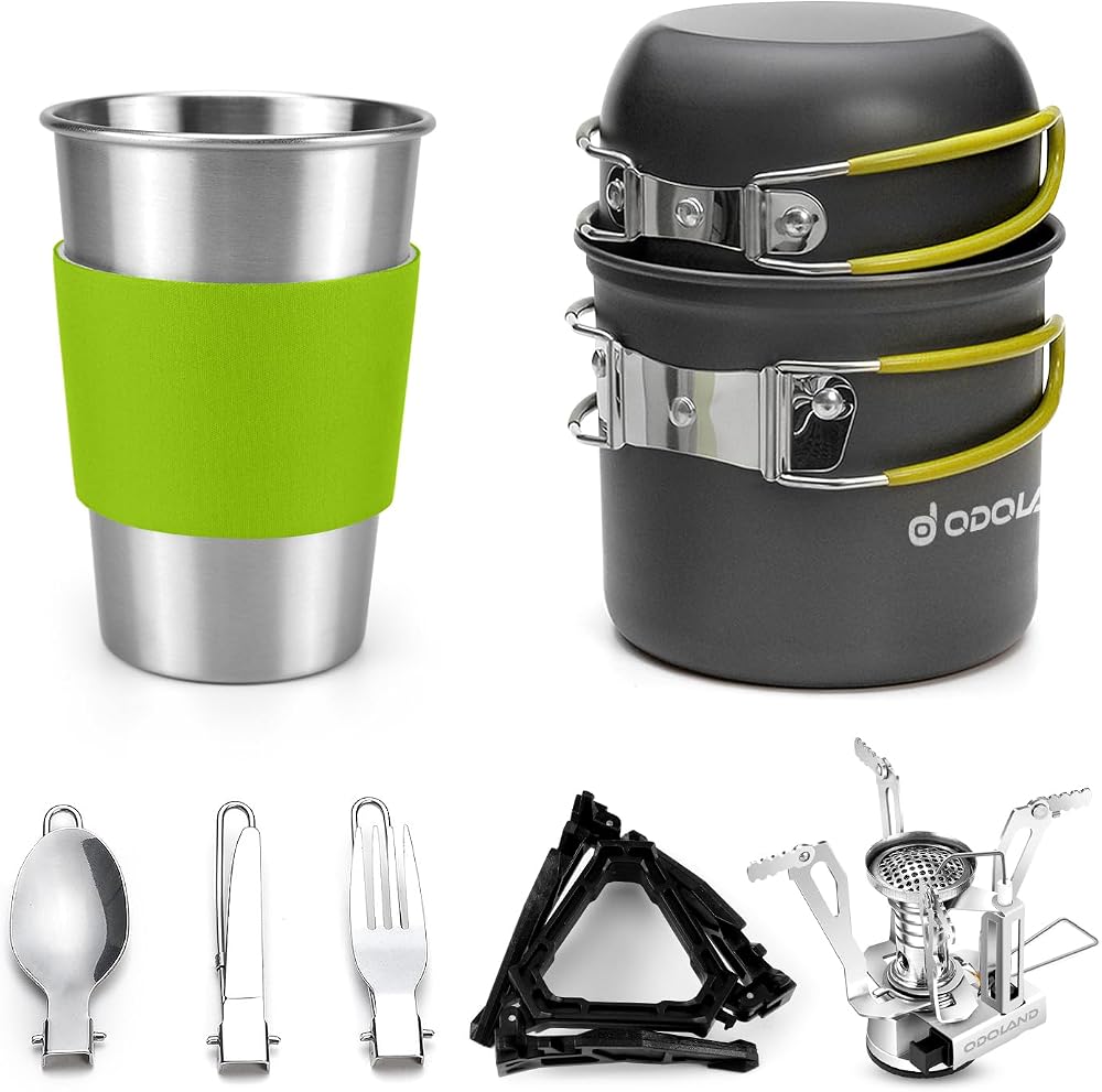 Odoland Camping Saucepans Set 10 Pieces Ultralight Stove Hiking Fishing