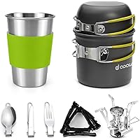 Odoland Camping Cookware Stove Carabiner Canister Stand Tripod and Stainless Steel Cup, Tank Bracket, Fork Knife Spoon Kit fo