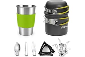 Odoland Camping Cookware Stove Carabiner Canister Stand Tripod and Stainless Steel Cup, Tank Bracket, Fork Knife Spoon Kit fo