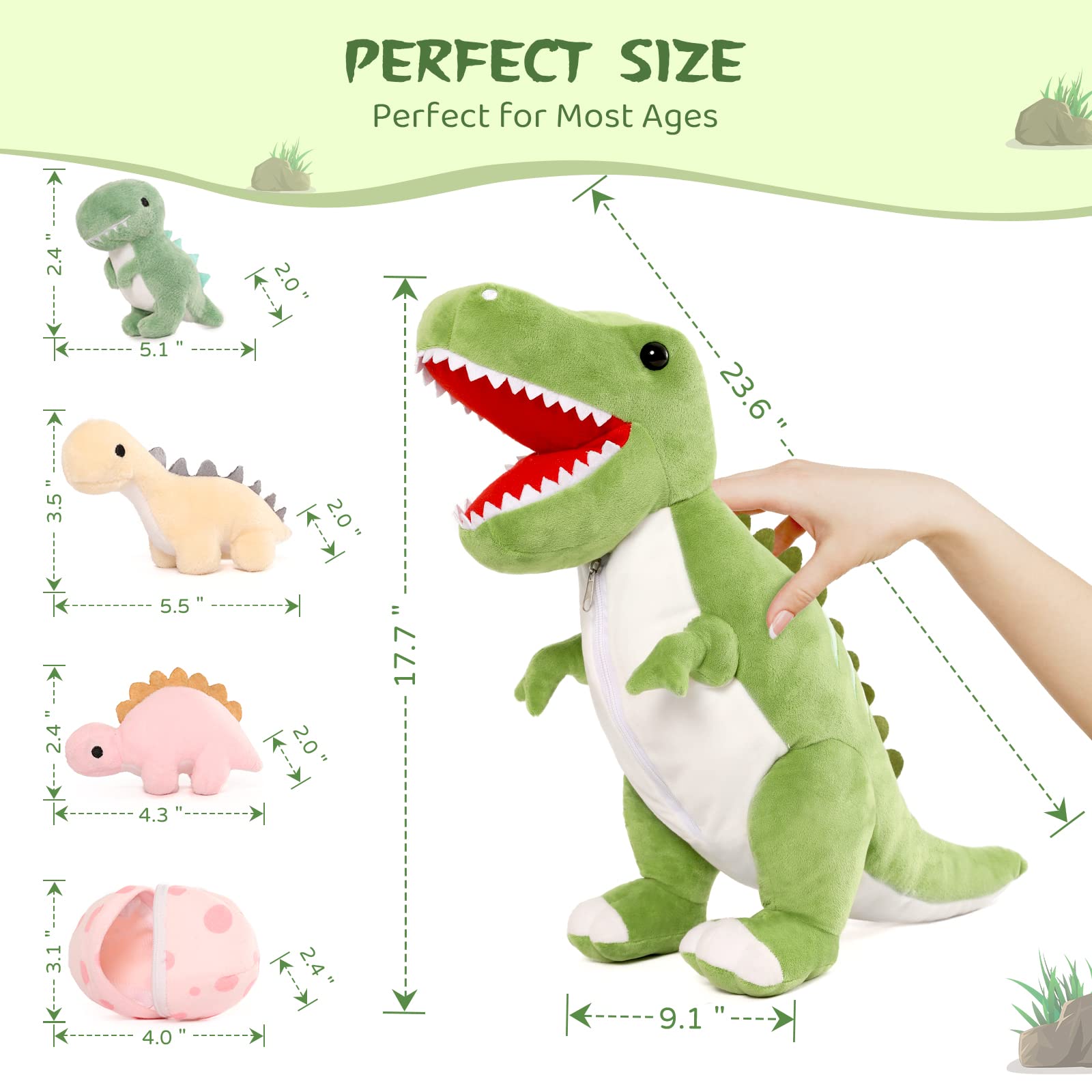 MorisMos 60cm hoch riesen Dino Kuscheltier XXL mit 3 Baby im Bauch, groß Dinosaurier Plüschtier Stofftier, weich Dino Spielzeug Plüschdino für Kleinkind Jungen Weihnachten Geschenk 7