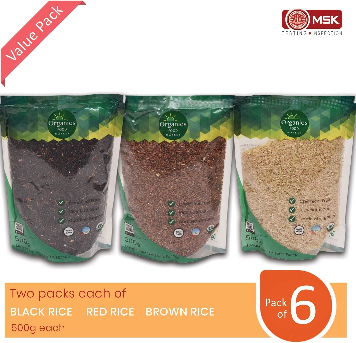 Organics Food Market Unpolished Sona Masoori Brown Rice, Red Rice, Black Rice Combo (Pack of 3 x 1000GM)