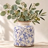 Blue and White Ceramic Vase, 6.2in Chinoiserie Flower Vase for Home Decor | Vintage Crackle Glaze Decorative Vases, Floral Sc