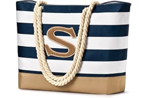 Becokan Initial Beach Bags for Women Waterproof Beach Tote Bag Zipper Travel Essentials Personalized Birthday Gifts for Her