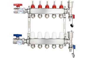FAHKNS 5 Loop Radiant Heat PEX Manifold Set, Pex Manifold with 1/2" PEX Tubing for Hydronic Radiant Floor Heating Stainless Steel