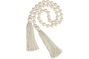 Fenghuangwu 34 Inch Pearl Glass Bead Garland with Tassels - Elegant Boho Table Decor, Fringe Wall Hanging for Wedding, Party, Farmhouse Rustic Prayer Bead Home Decoration(1 Pack,Off White)