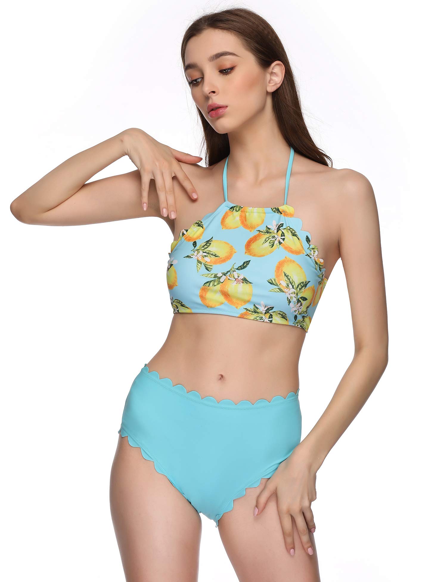 Verano Playa Women\'s Swimsuits High Neck Halter Bathing Suits Two Piece Floral Printed Bikini Set with Wave Edge