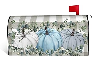 ARKUKT Autumn Fall Mailbox Cover Magnetic Blue Pumpkin Leaves Checkered Mailbox Wraps Post Letter Box Cover for Garden Yard Home Decor Standard Size 21" x 18"