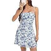 WDIRARA Women's Floral Ruched Cami Dress Boho Spaghetti Strap A Line Short Dresses