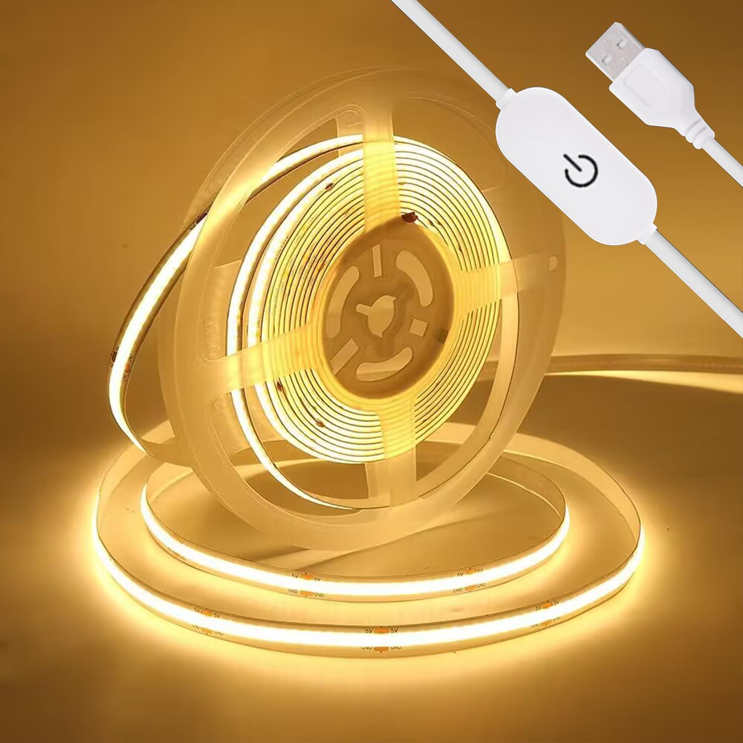 KISUFU 5V COB LED Strip Light USB, 320 LEDs Warm White 3000K Dimmable LED Light + Flexible Tape Light for TV Monitor Backlight,Wardrobe, Cabinet,Mirror,Home DIY Lighting (1m, Warm White)