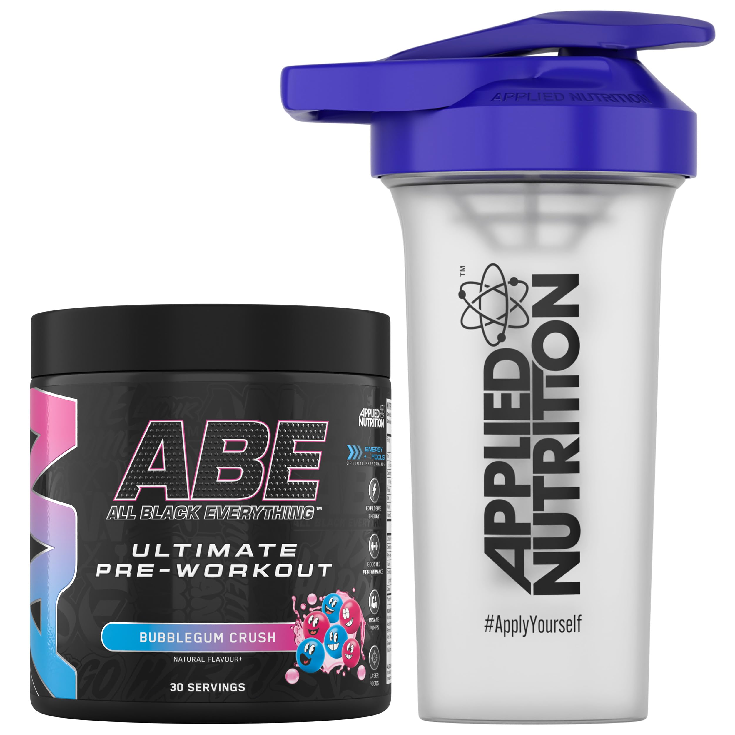 Applied Nutrition Bundle ABE Pre Workout 375g + 700ml Protein Shaker | All Black Everything Pre Workout Powder, Energy & Physical Performance with Creatine, Beta Alanine (Bubblegum Crush)