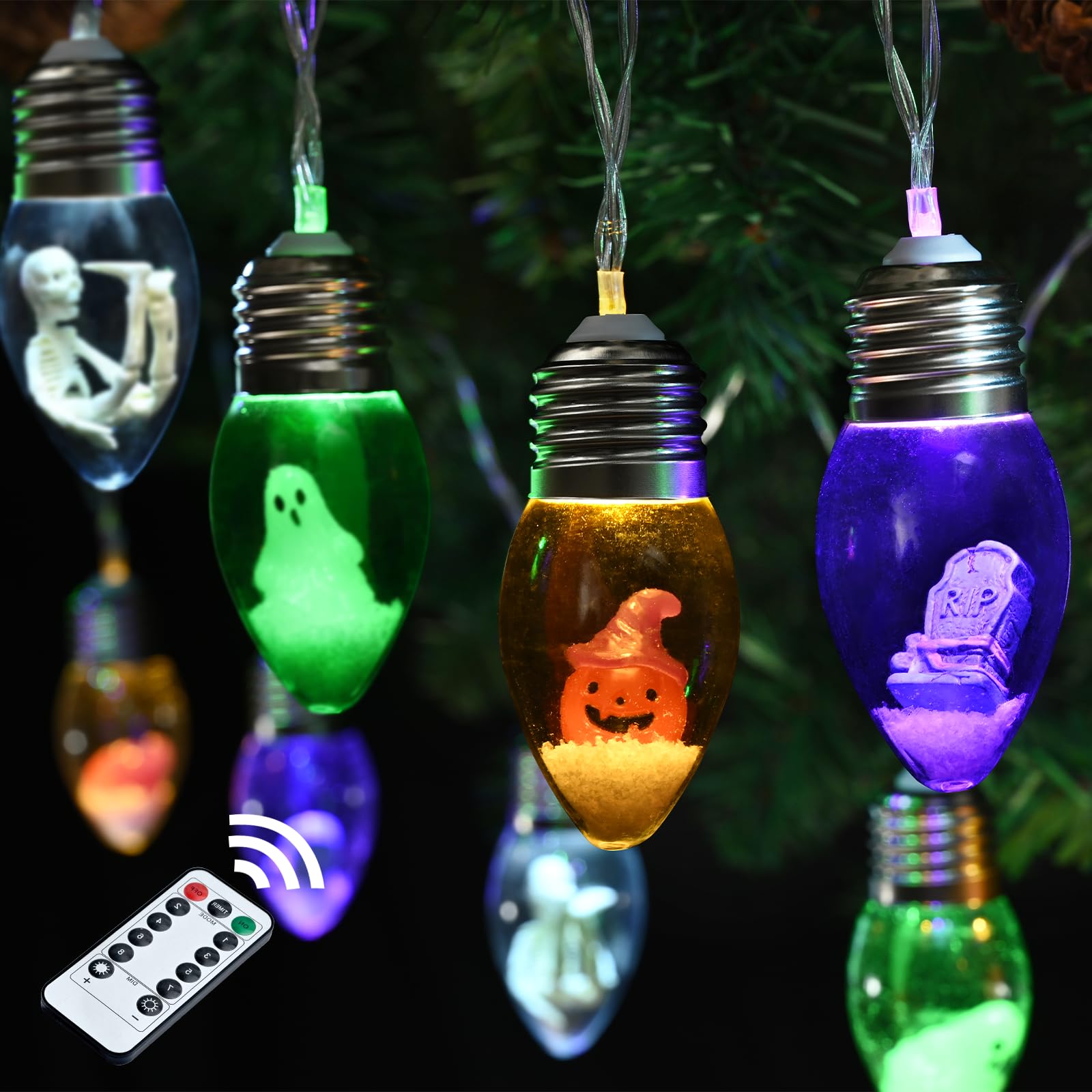 Photo 1 of 2 Pack 16.4FT Halloween Bulb String Lights Indoor, Halloween Light Indoor, Snow Globe String Lights Battery Operated with 24 Spooky Charms, Remote Timer - 8 Lighting Modes for Window, Outdoor Decor