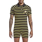 Landofgenie Mens Short Sleeve Romper Onesie One Piece Stripe Pajamas with Polo Collar