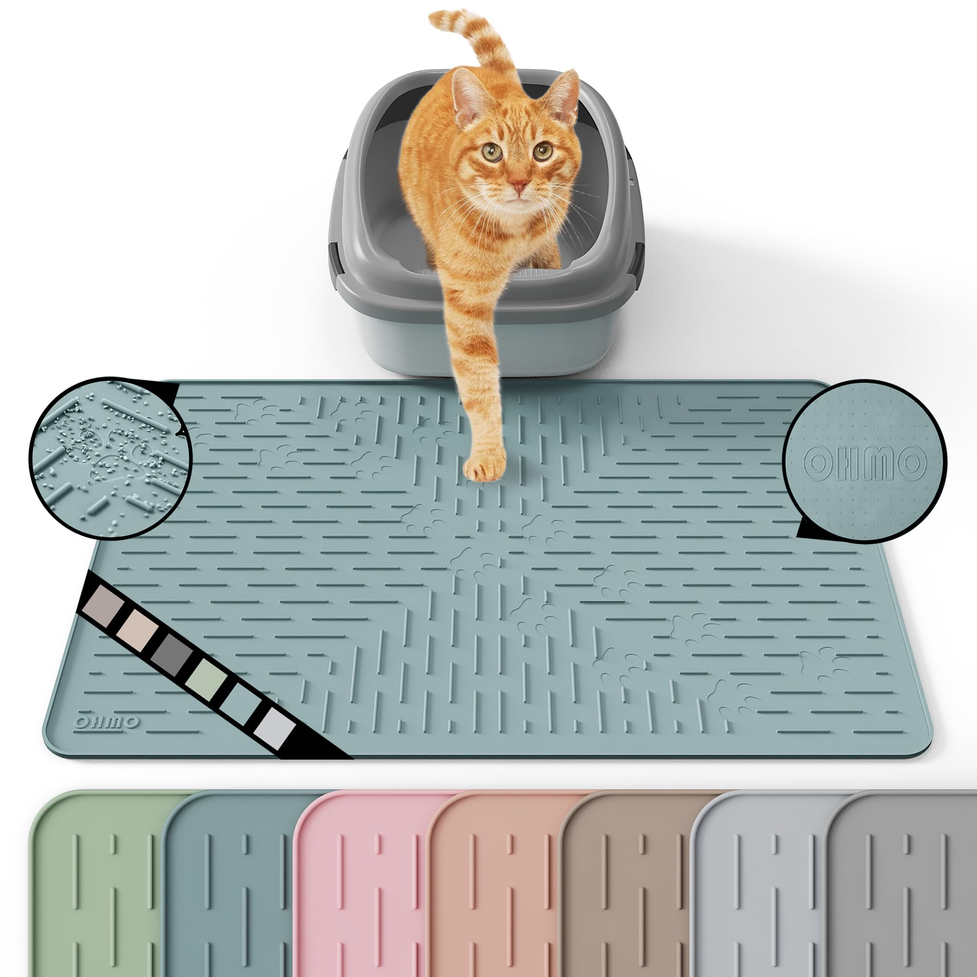 OHMO Cat Litter Mat 60 x 40 cm Light Blue Premium Silicone Trapping Mat, Easy to Clean Waterproof Kitty Under Box Trapping Mat, Keep The Floor Tidy